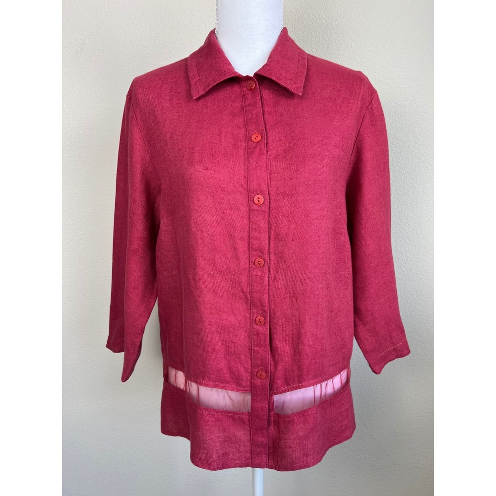 Style & Co Linen Organza Trim Button Front Blouse US 10 Boho Coastal Grandma